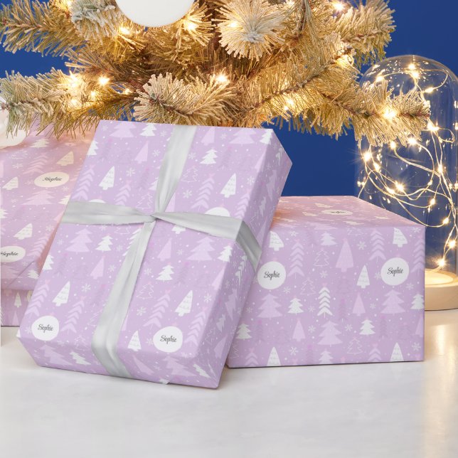 Cute violet Christmas trees Personalised Wrapping Paper (Holidays)