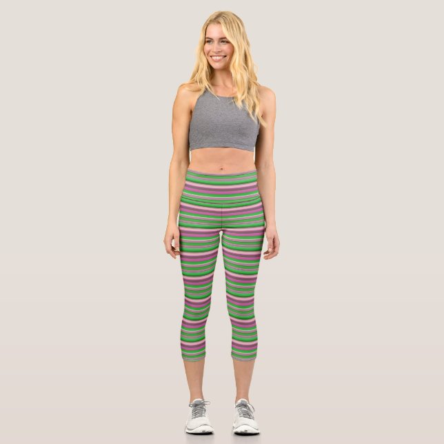 Cute violet green stripes capri leggings (Front)