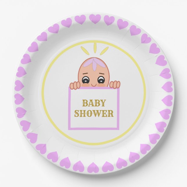 Cute Violet Hearts Baby Shower Paper Plate (Front)