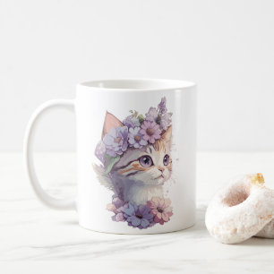 Cute Violet Watercolor Cat with Flora Coffee Mug