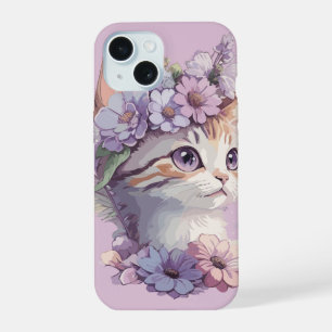 Cute Violet Watercolor Cat with Flora iPhone 15 Case