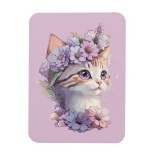 Cute Violet Watercolor Cat with Flora Magnet