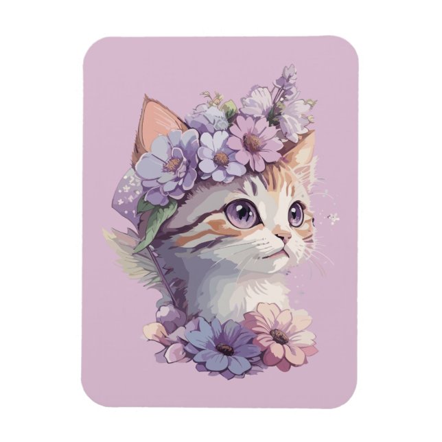 Cute Violet Watercolor Cat with Flora Magnet (Vertical)
