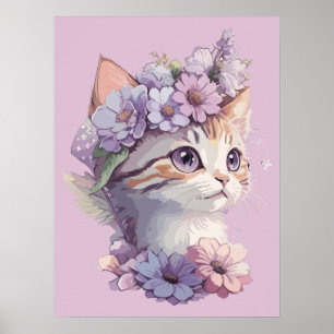 Cute Violet Watercolor Cat with Flora Poster