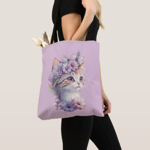 Cute Violet Watercolor Cat with Flora Tote Bag