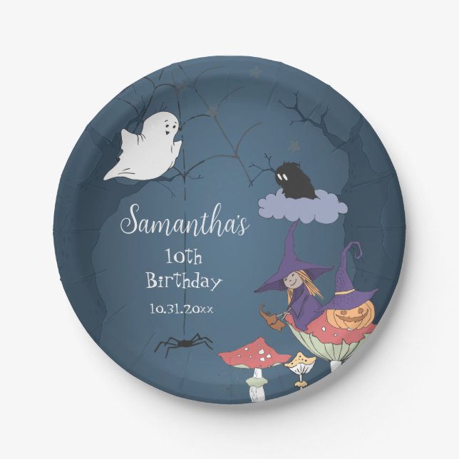 Cute Violet Witch Halloween Birthday Party Paper Plate (Front)