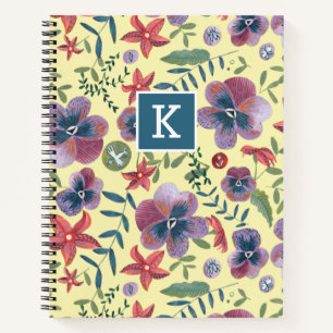 Cute violets on yellow all-over print monogram notebook
