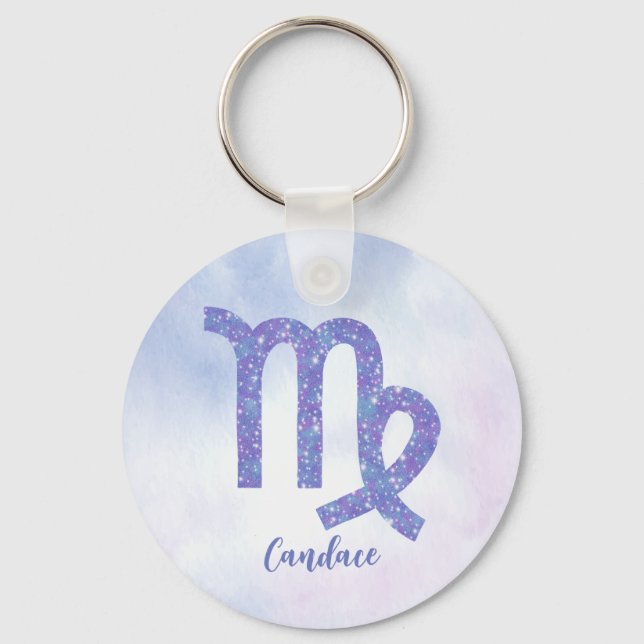 Cute Virgo Astrology Sign Personalised Purple Key Ring (Front)