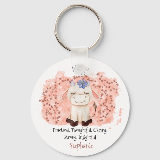 Cute Virgo Maiden Watercolor Bull Zodiac Key Ring (Front)