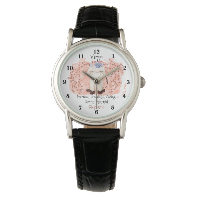 Cute Virgo Maiden Watercolor Bull Zodiac Watch (Front)