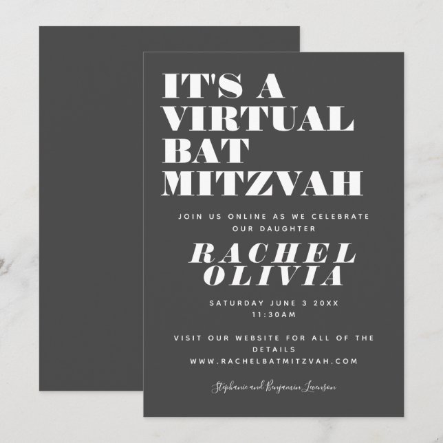 Cute Virtual Online Black and White Bat Mitzvah Invitation (Front/Back)