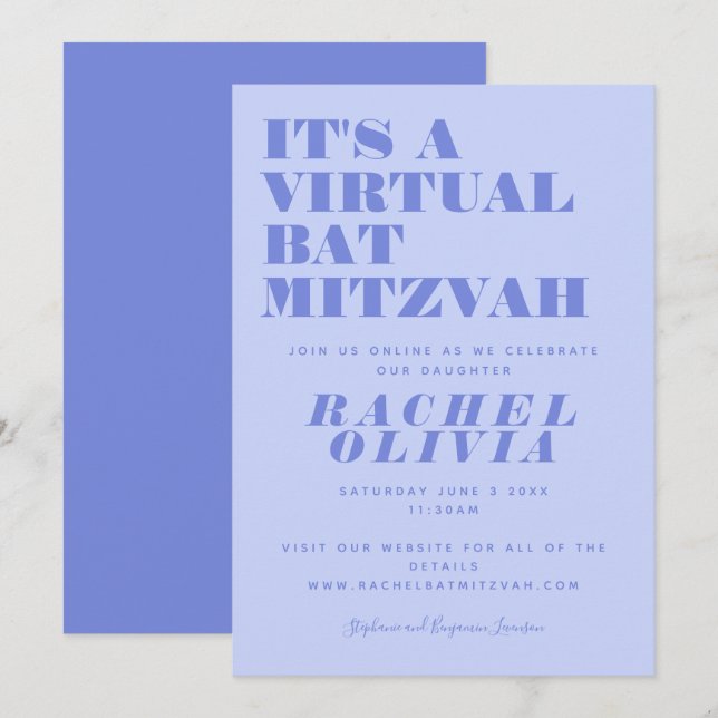 Cute Virtual Online Lavender Bat Mitzvah Invitation (Front/Back)