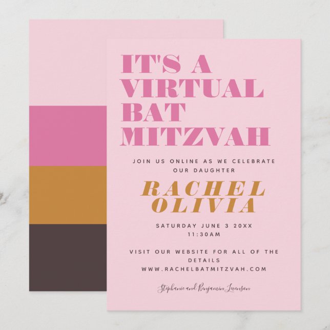 Cute Virtual Online Pink Yellow Bat Mitzvah  Invitation (Front/Back)