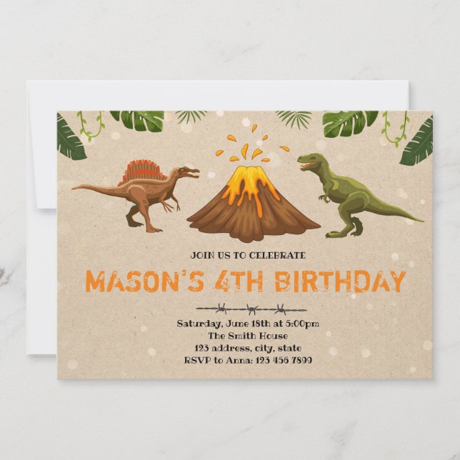 Cute volcano dinosaur party invitation (Front)