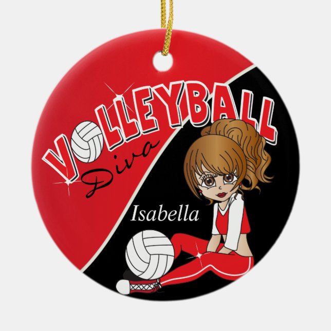 Cute Volleyball 🏐 Diva Girl in Red Ceramic Tree Decoration (Front)