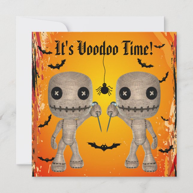 Cute Voodoo Dolls, Bats & Spider Halloween Party Invitation (Front)
