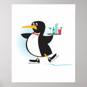 cute waiter penguin on skates poster