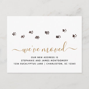 Cute Walking Paw Prints Black Gold Moving Announcement Postcard