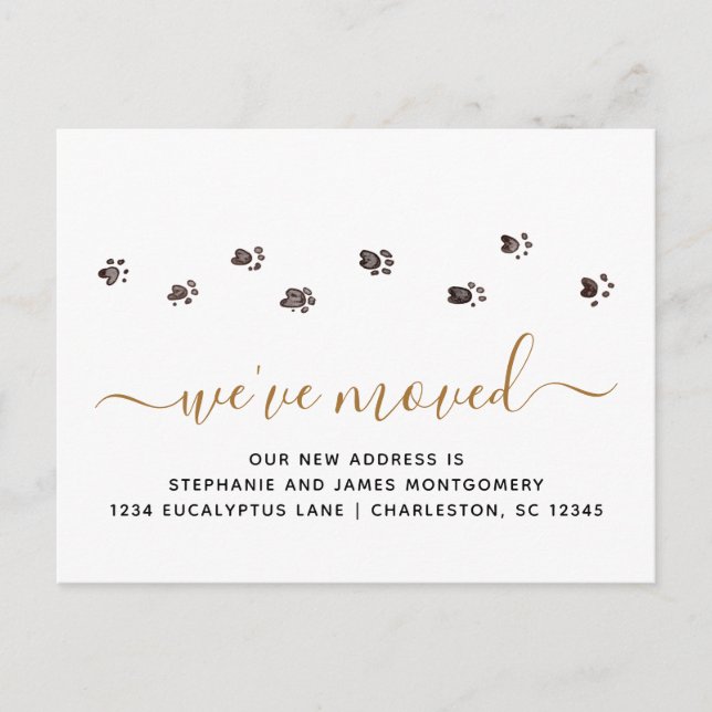 Cute Walking Paw Prints Black Gold Moving Announcement Postcard (Front)