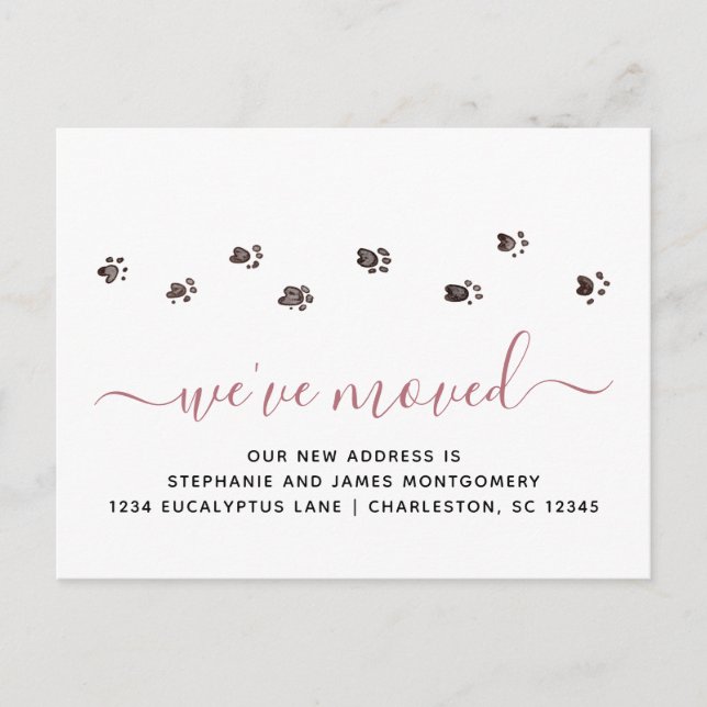 Cute Walking Paw Prints Rose Gold Moving Announcement Postcard (Front)