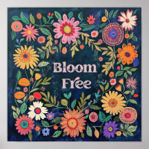 Cute Wall Art For Girls - Blue Floral Folk Flowers
