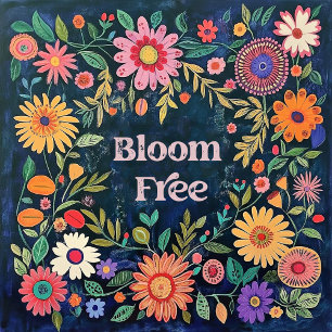 Cute Wall Art For Girls - Blue Floral Folk Flowers