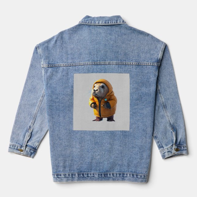 Cute Walrus in a Puffer Jacket Eating a Fish (Back)