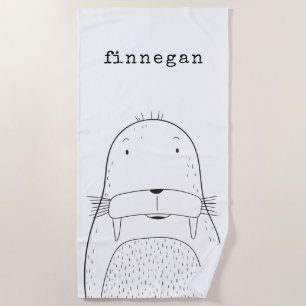 Cute Walrus Line Art Drawing Personalised Name Beach Towel