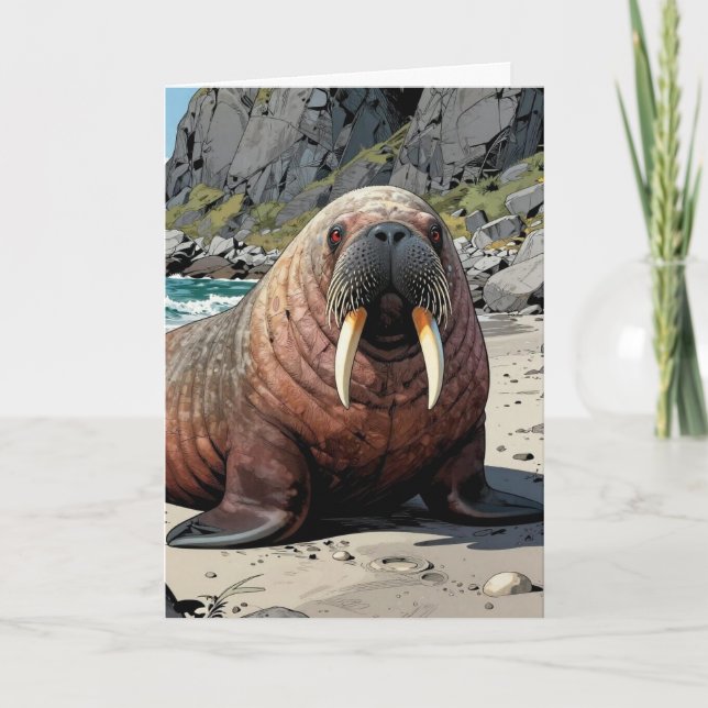 Cute Walrus on a Sandy Beach | Happy Birthday Card (Front)