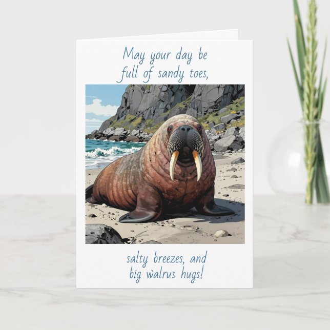 Cute Walrus on a Sandy Beach | Thinking of You Card (Front)