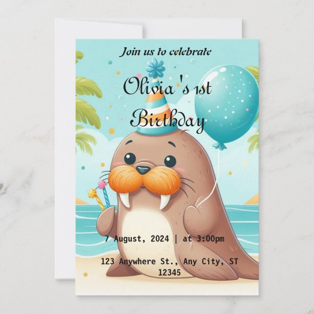 Cute Walrus Themed 1st Birthday Invite (Front)