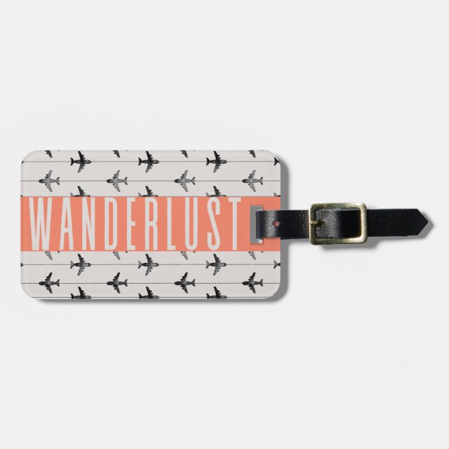 Cute Wanderlust Plane Travel Pink Grey Luggage Tag (Front Horizontal)