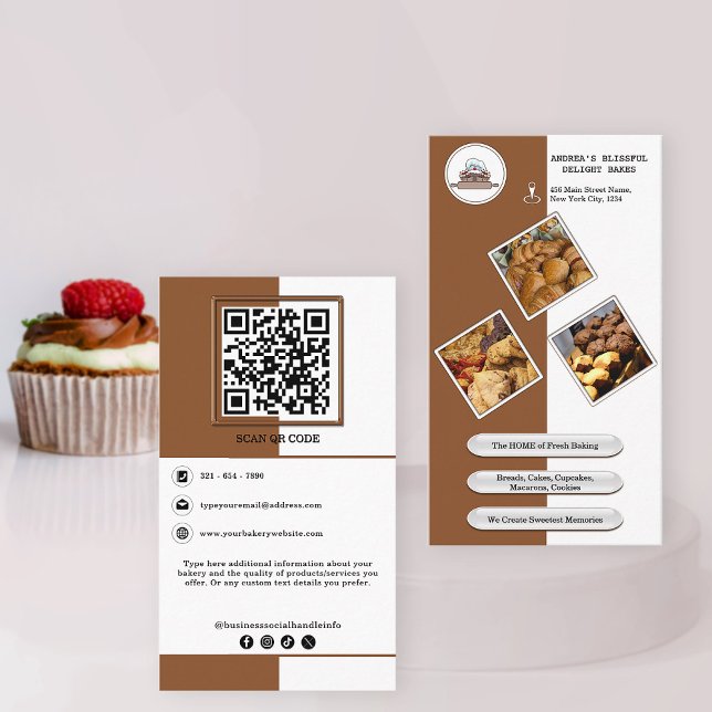 Cute Warm Brown Bakery Add QR Code Branding Design Business Card (Creator Uploaded)