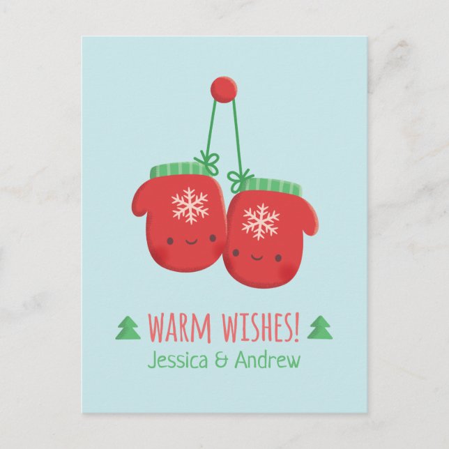 Cute Warm Wishes Christmas Mittens Couple Postcard (Front)
