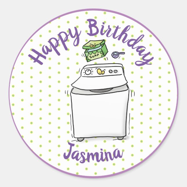 Cute washing machine laundry cartoon illustration classic round sticker (Front)