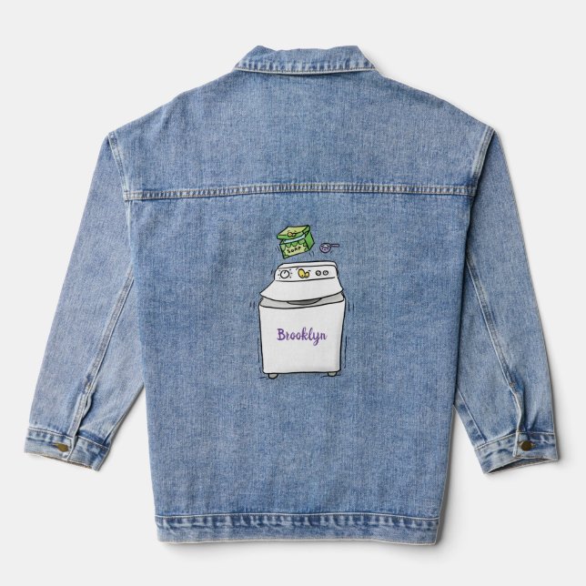 Cute washing machine laundry cartoon illustration denim jacket (Back)