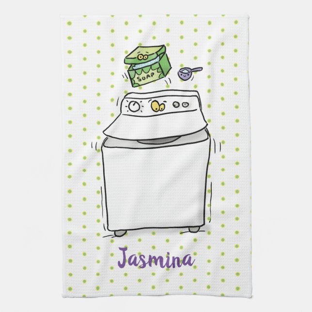 Cute washing machine laundry cartoon illustration tea towel (Vertical)