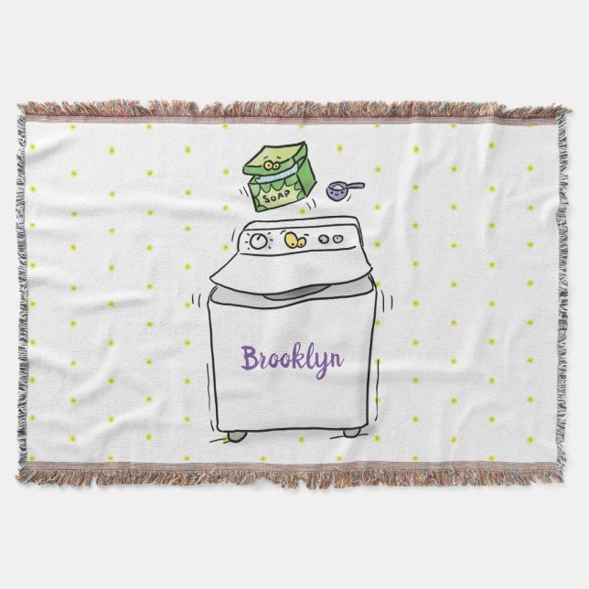 Cute washing machine laundry cartoon illustration throw blanket (Front)