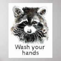 Cute Washroom Wash your Hands Raccoon Animal Art