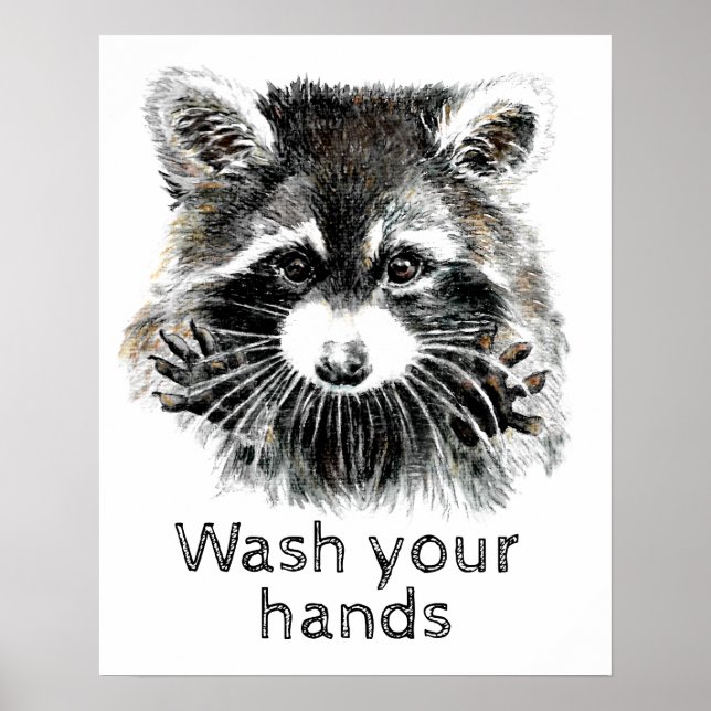 Cute Washroom Wash your Hands Raccoon Animal Art Poster (Front)