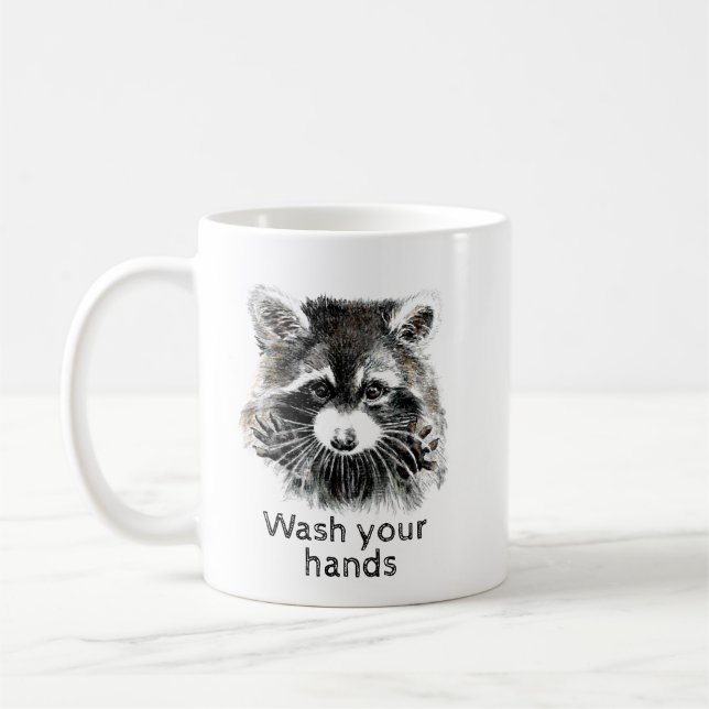 Cute Washroom Wash your Hands Racoon Animal Art Coffee Mug (Left)