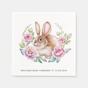 Cute Watecolor Bunny and Pink Flowers Baby Shower Napkin