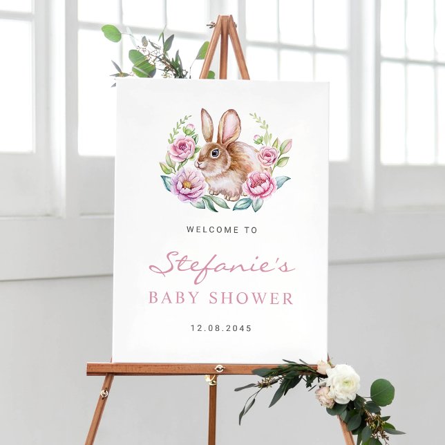 Cute Watecolor Bunny and Pink Flowers Baby Shower Poster (Creator Uploaded)