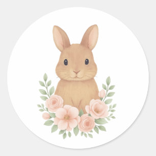 Cute Watecolor Bunny and Pink Flowers Birthday Classic Round Sticker