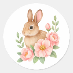 Cute Watecolor Bunny and Pink Flowers Birthday Classic Round Sticker