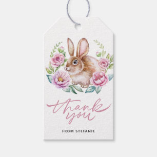 Cute Watecolor Bunny and Pink Flowers Birthday Gift Tags