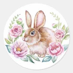 Cute Watecolor Bunny and Pink Flowers Classic Round Sticker