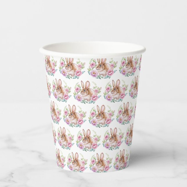 Cute Watecolor Bunny and Pink Flowers Pattern Paper Cups (Front)