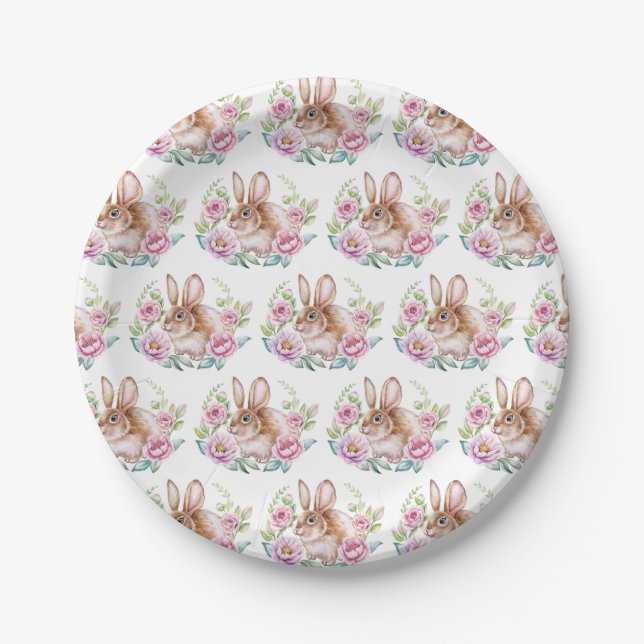 Cute Watecolor Bunny and Pink Flowers Pattern Paper Plate (Front)