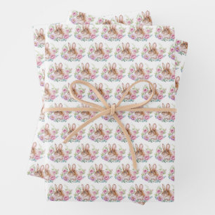Cute Watecolor Bunny and Pink Flowers Pattern Wrapping Paper Sheet